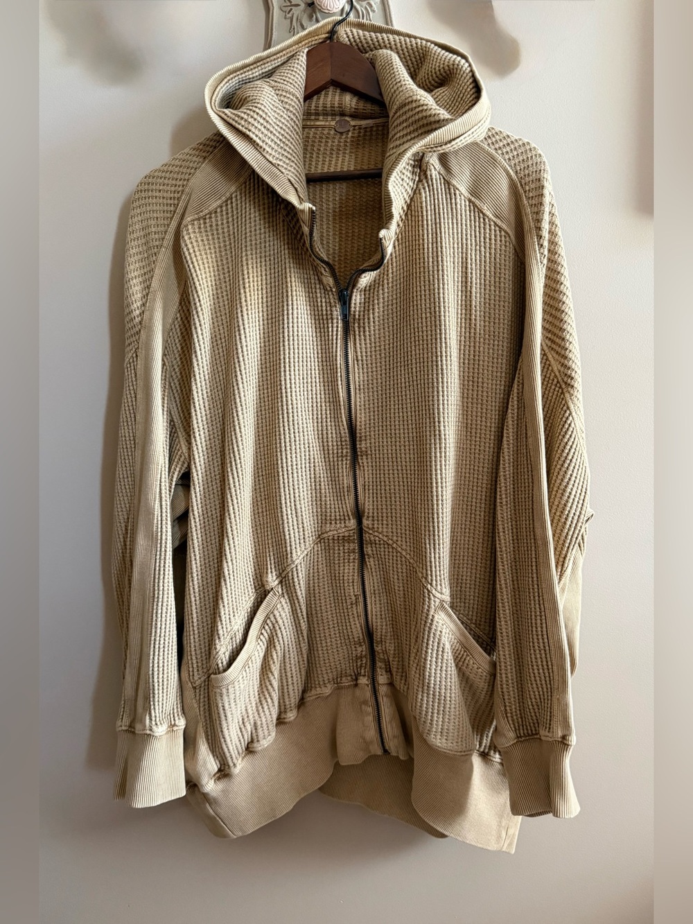 LN Free People FP One Oversized Ash Hoodie Sz S Waffle Knit in Gold/Beige Color